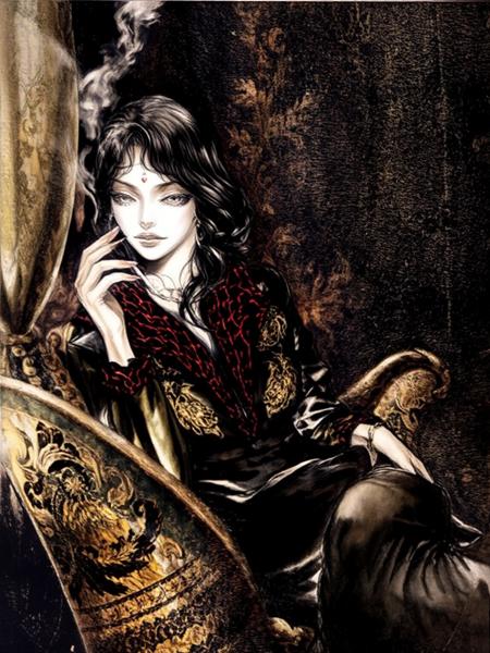 By Ayami Kojima. The masterpiece image depicts a woman with a serene and contemplative expression, dressed in a dark, elegant gown with a red and black pattern. She is seated in a richly decorated chair, with a dark, ornate tapestry as the backdrop. The woman is holding a cigarette in her hand, and smoke is rising from it, adding a sense of mystery and intrigue to the scene. The overall atmosphere of the image is one of sophistication and elegance, with a touch of mystique.