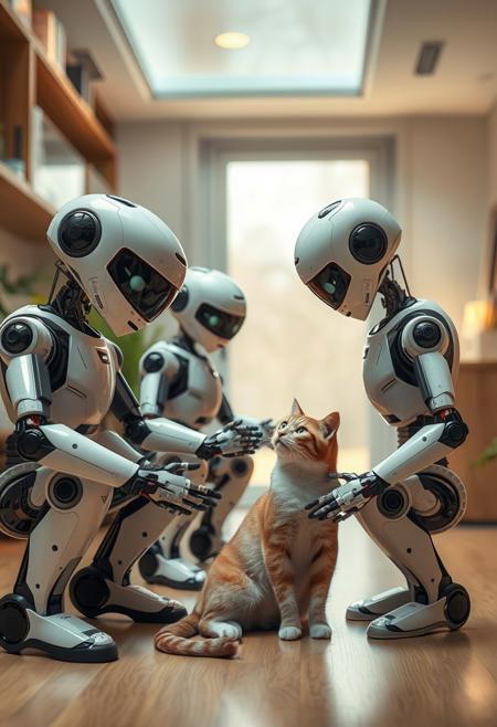 FUTURE HOME, MODERN TECHNOLOGY, A FAMILY OF ROBOTS PETING A REAL CAT