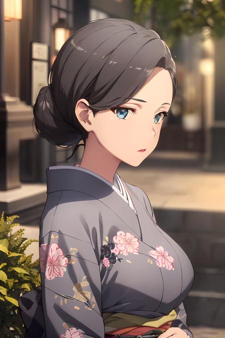 (masterpiece:1.2, best quality), (finely detailed beautiful eyes: 1.2), solo focus,   (extremely detailed CG unity 8k wallpaper, masterpiece, best quality, ultra-detailed, best shadow), (detailed background), (beautiful detailed face, beautiful detailed eyes),  1girl, (mature female:1.2), yukinoshitaMother , single hair bun, hair bun, lipstick , makeup, kimono,japanese clothes,   large breasts, High contrast, beautiful elegant woman, adult, (best illumination, an extremely delicate and beautiful),(simple backround, outdoors), looking at viewer,beautiful detailed glow,