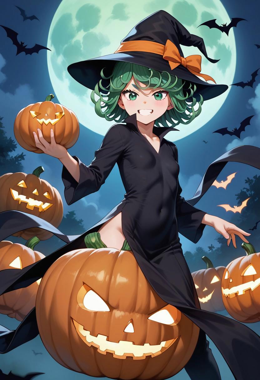 score_9, score_8_up, score_7_up,source_anime,rating_safe,Detailed, clear images, Highest quality,(Halloween night background),(Ultra-detailed CG),(anime colored),(solo, 1girl is tatsumaki, smile, small breasts, green hair, floating, wearing black dress, pumpkin Hat, Halloween makeup, shine skin, gleaming skin, shine skin),