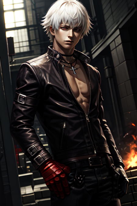 kdash 1boy, solo, male focus white hair, dark skin, dark skinned-male jacket, leather jacket necklace, cross necklace fire, pyrokinesis glove, fingerless gloves