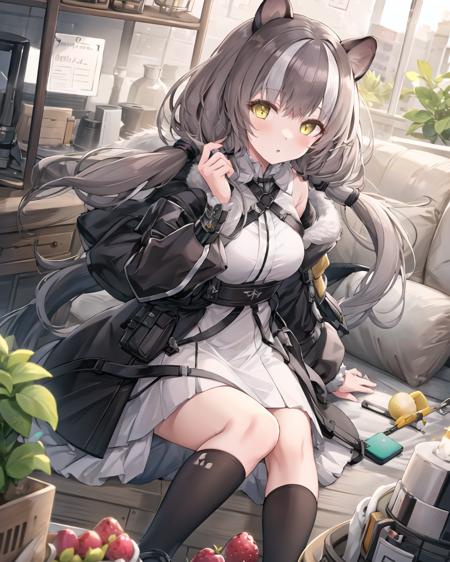 1girl,yellow eyes, grey hair,multicolored hair, animal ears,(low twintails:1.3),<lora:honeyberry_0.8_character(without_sytle):0.9>, arknights_honeyberry, <lora:torinoAquaStyleLora_offset:0.9>