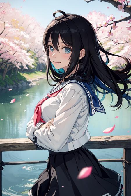 masterpiece, best quality,1girl, solo, long hair, school uniform, skirt, serafuku, cherry blossoms, outdoors, looking at viewer, pleated skirt, smile, railing, shirt, blue eyes, bangs, white shirt, sailor collar, blush, long sleeves, closed mouth, brown hair, petals, black hair, black skirt, bridge, water, looking back, floating hair, tree, blue sailor collar, river, red ribbon, day, wind, looking to the side, standing, blue skirt, spring (season), hair between eyes, neckerchief, from side, red neckerchief, ribbon, very long hair, lake, multicolored hair, black sailor collar, neck ribbon, uniform, green eyes, aqua eyes, crossed arms, from behind, branch, ahoge, flower, gradient hair