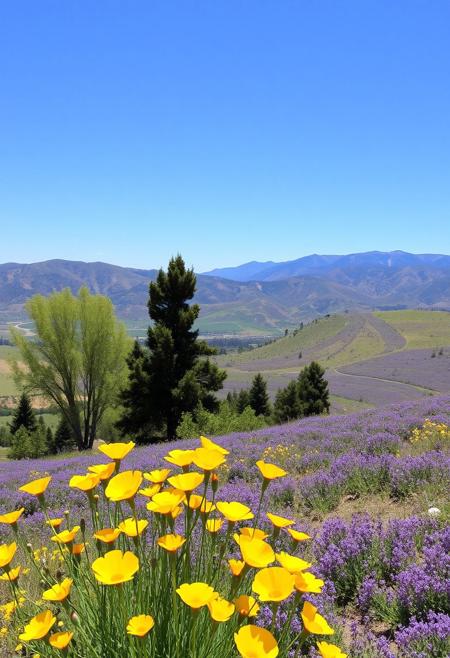 Landscape with Trees and Flowers in the style of David Hockney, Landscape in the style of Charles Haughey, California Landscape, Yellow Poppies in the Foreground, Mountains in the Background, Sunny Day, Blue Sky, Hills of Purple Wildflowers