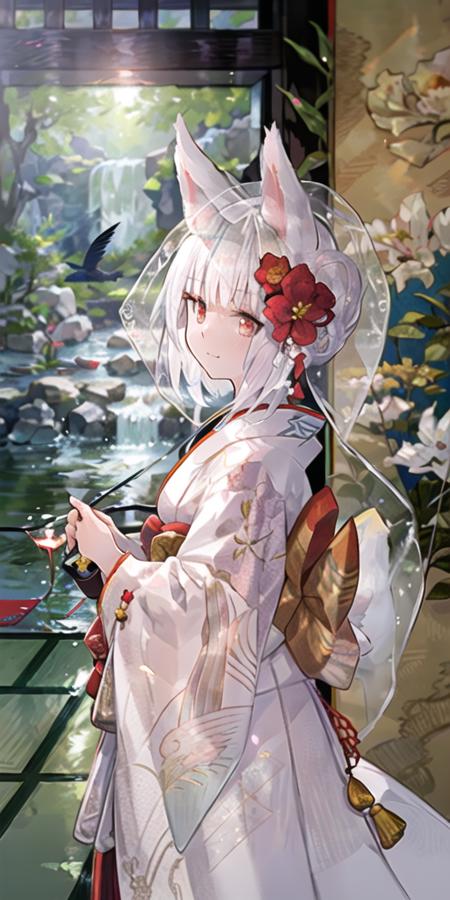 1girl, animal ears, architecture, bridal veil, bride, closed mouth, east asian architecture, flower, fox ears, fox girl, full body, hair bun, hair flower, hair ornament, indoors, japanese clothes, kimono, layered clothes, layered kimono, long sleeves, looking at viewer, red eyes, short hair, sliding doors, smile, solo,tatami, veil, waterfall, wedding dress, white kimono, white hair, wataboushi, bangs, red flower, white flower, tree,  crane (animal), yellow flower, animal ear fluff, wide sleeves, blunt bangs, branch, floral print, (upper body:1.2), <lora:fuzi-loha-v2a:1>