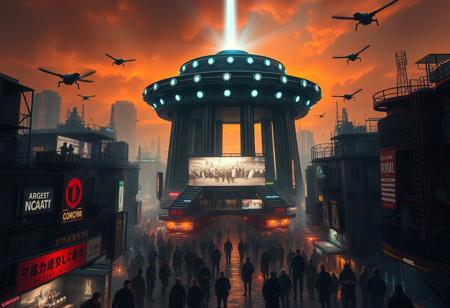 A towering, futuristic panopticon structure at the center of a sprawling dystopian city under a dim, smoky orange sky. The panopticon is made of dark, gleaming steel, with hundreds of glowing surveillance eyes scanning the chaotic streets below. The city is a maze of crowded, decaying high-rises, holographic advertisements flickering with propaganda, and winding alleys teeming with shadowy figures. Neon lights cast an eerie glow over the wet, reflective streets. People wear grimy, tattered clothing and augmented reality visors, their faces displaying hopeless expressions. Overhead, drones patrol with blinding spotlights. A sense of oppression and technological dominance permeates the scene, with a single beam of cold, sterile light shining from the top of the panopticon into the clouds. The atmosphere is gritty, intense, and foreboding.