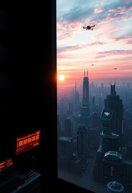 A fleeting sunrise seen through a narrow, tinted slit in the sleek, matte-black concrete wall of a futuristic, dystopian high-rise. For a single second, the sun’s neon-orange rays stream in, casting a surreal, warm glow across the sterile interior filled with glowing holographic displays and humming machinery. Beyond the slit, a sprawling cyberpunk cityscape unfolds with towering megastructures, flickering neon signs, and autonomous drones silhouetted against a sky streaked with electric pink and violet hues. The brief sunlight glints off a metallic surface inside, emphasizing the contrast between the cold, high-tech environment and the ephemeral beauty of the sunrise, before shadows reclaim the scene.