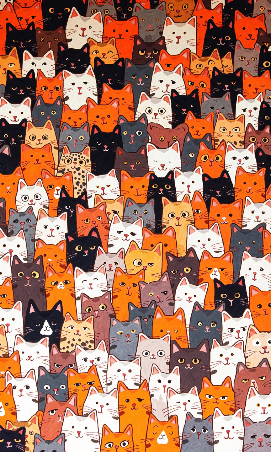 A dense crowd of cartoon cats drawn in various colors and patterns. The cats are closely packed together, filling the entire frame.