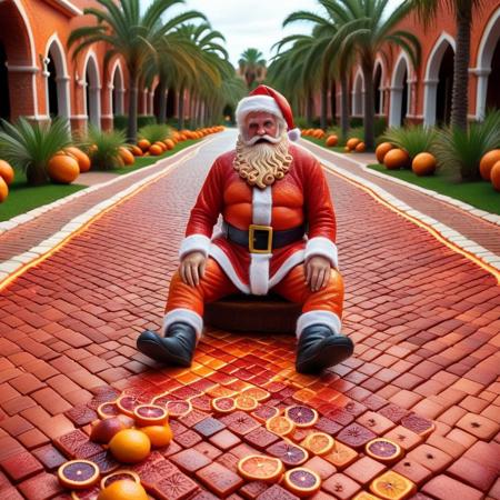 santa claus, fallen down, annoyed, brick road in blood orange style, palm trees
intricate, detailed, high quality, colorful