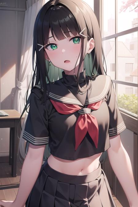 diakurosawa, <lora:diakurosawa:1>, dia kurosawa, black hair, (green eyes:1.5), blunt bangs, grey skirt, hair ornament, hairclip, mole, mole under mouth, (small breast:1.2),
BREAK grey skirt, midriff peek, pleated skirt, school uniform, serafuku, short sleeves, skirt, uranohoshi school uniform,
BREAK looking at viewer,
BREAK indoors, classroom,
BREAK <lyco:GoodHands-beta2:1>, (masterpiece:1.2), best quality, high resolution, unity 8k wallpaper, (illustration:0.8), (beautiful detailed eyes:1.6), extremely detailed face, perfect lighting, extremely detailed CG, (perfect hands, perfect anatomy),