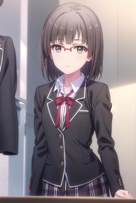 hinaebina, <lora:hina ebina s2-lora-nochekaiser:1>,
hina ebina, short hair, brown hair, black hair, (brown eyes:1.5), glasses,
BREAK skirt, ribbon, school uniform, jacket, black jacket, plaid, plaid skirt, blazer, sobu high school uniform,
BREAK indoors, classroom,
BREAK looking at viewer,
BREAK <lyco:GoodHands-beta2:1>, (masterpiece:1.2), best quality, high resolution, unity 8k wallpaper, (illustration:0.8), (beautiful detailed eyes:1.6), extremely detailed face, perfect lighting, extremely detailed CG, (perfect hands, perfect anatomy),