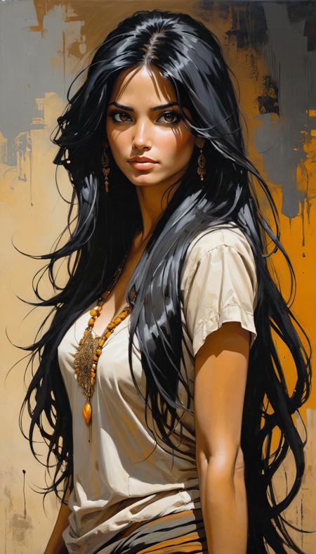 <lora:add-detail-xl:1>, an oil painting of a woman with long black hair, in the style of mike deodato, contemporary middle eastern and north african art, charming character illustrations, gray and amber, dmitri danish, digitally enhanced, alice pasquini, raw style
