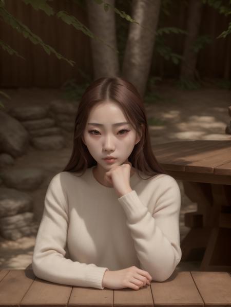 masterpiece, best quality, realistic, (extreme closeup, face focus, headshot:1.2), woman, Jia, solo, plain knit sweater, looking at viewer, sitting at a table, pretty face, detailed eyes, serene park, spring flowers, <lora:MIO2:1>