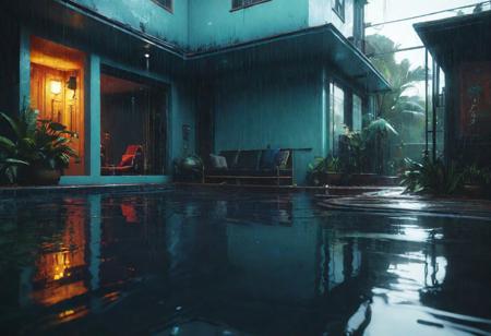 Rain into a pool ripples. perfect reflections,  Jeremy Mann, Russ Mills, WLOP, Dan Mumford, Grandfailure, Ismail Inceoglu, soft lighting, Behance HD, Artstation, Deviantart, Reflective, 8k resolution, incredible composition, deep colors, maximalist, cell-shaded, photorealistic