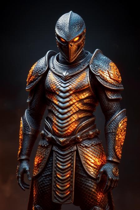 sn4k3. A battle-worn suit of armor reinforced with thick, scaled sn4k3 skin, adorned with tribal etchings and glowing rune engravings