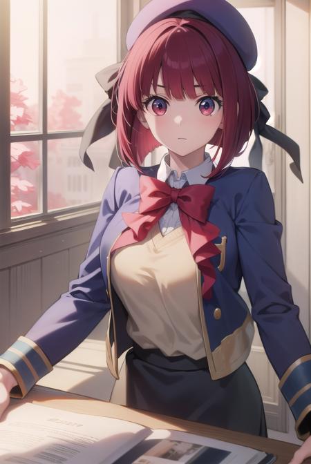 kanaarima, <lora:kanaarima-lora-nochekaiser:1>,
kana arima, bob cut, (red eyes:1.5), red hair, short hair,
BREAK beret, blue headwear, blue jacket, blue vest, hat, jacket, pantyhose, ribbon, school uniform, skirt, vest, youtou high school uniform,
BREAK looking at viewer,
BREAK indoors, classroom,
BREAK <lyco:GoodHands-beta2:1>, (masterpiece:1.2), best quality, high resolution, unity 8k wallpaper, (illustration:0.8), (beautiful detailed eyes:1.6), extremely detailed face, perfect lighting, extremely detailed CG, (perfect hands, perfect anatomy),