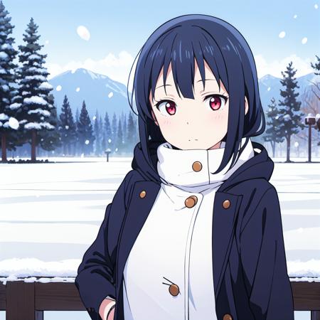 (masterpiece, best quality:1.2), 1girl, solo, scenery, illustration, anime style, looking at viewer, depth of filed, cowboy shot,
dark theme, detailed image, red eyes, winter, coat, snow, dynamic angle, snowing, snow splashing,