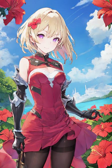 <lora:style_taiki-20:1>, cowboy shot, solo, 1girl, slight smile, looking at viewer, short hair with long locks, hair flower, hibiscus, purple eyes, dress, pantyhose, gauntlets