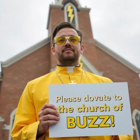 Man wearing yellow tinted glasses and a yellow priest uniform in front of church like building which has a gold lightning bolt symbol on its spire roof, he is wearing golden lightning bolt symbol necklace prominently visible, he is holding sign with text "Please donate to the church of BUZZ!"