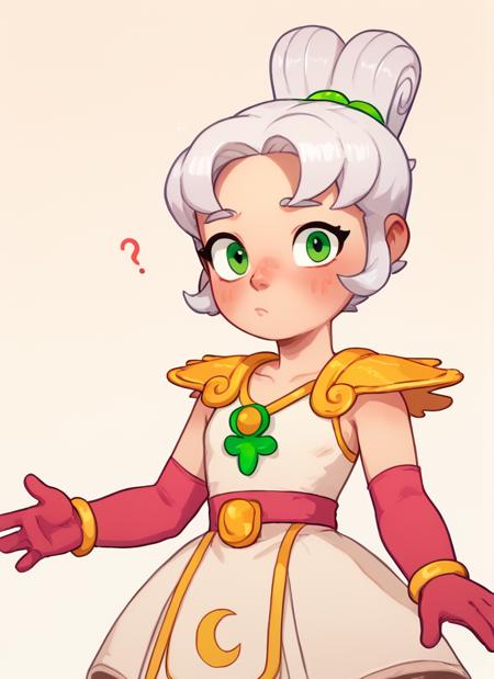 lunpiper  , 1 girl , solo  ,  white hair, doble high ponytail, double bun, green eyes,   yellow Shoulder pads   ,white dress,  dress, red belt  ,  red elbow gloves, yellow bracelet,