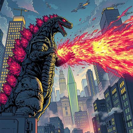 Manga style Godzilla fighting Space Godzilla in downtown Manhattan, with glowing red eyes and atomic breath