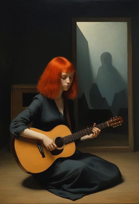 red hair woman playing a guitar shaped like a squid in dusty garage, (oil painting:1.5), in (abstract art:1.5) style,(by Francisco José de Goya:1.5), (by rene magritte:1.1), (by Paul Klee:1.2),  directional lighting, masterpiece, perfect composition, abstract glitch, long shot, masterpiece,best quality,very aesthetic, absurdres,
