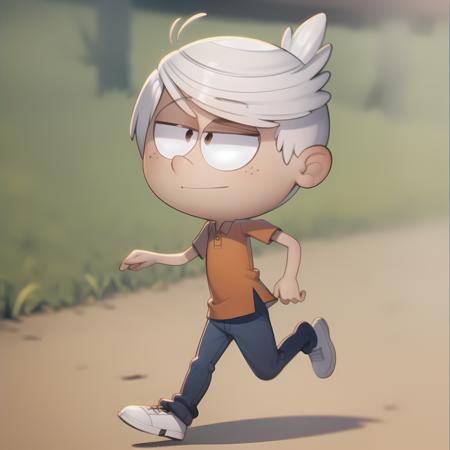 ((masterpiece, best quality)),(complex light),solo, solo focus, full body,1boy,lincoln loud, blue pants, <lora:LincolnLoud1-10:0.9>,simple background,brown eyes, white hair, running,smooth hair cut