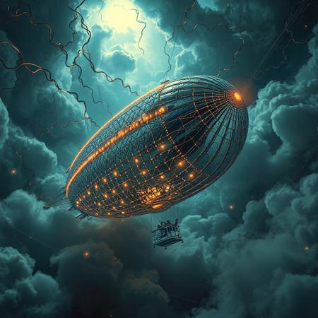 masterpiece, ultra-detailed, dutch angle view of a trippy zeppelin drifting through tangled circuits and misty clouds, metalic-scale patterns glowing under electric stormlight, silver colors
