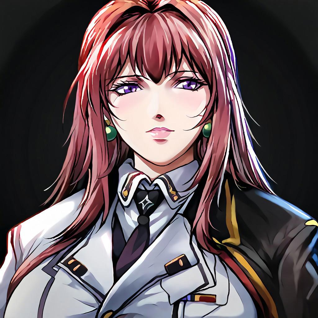 score_10, score_9, score_8, uaf-character, uaf-portrait, Takashiro Hiroko, 1girl, mature female,purple eyes, long hair, red hair, earrings, simple background, uniform, military uniform, black background, uaf_portrait