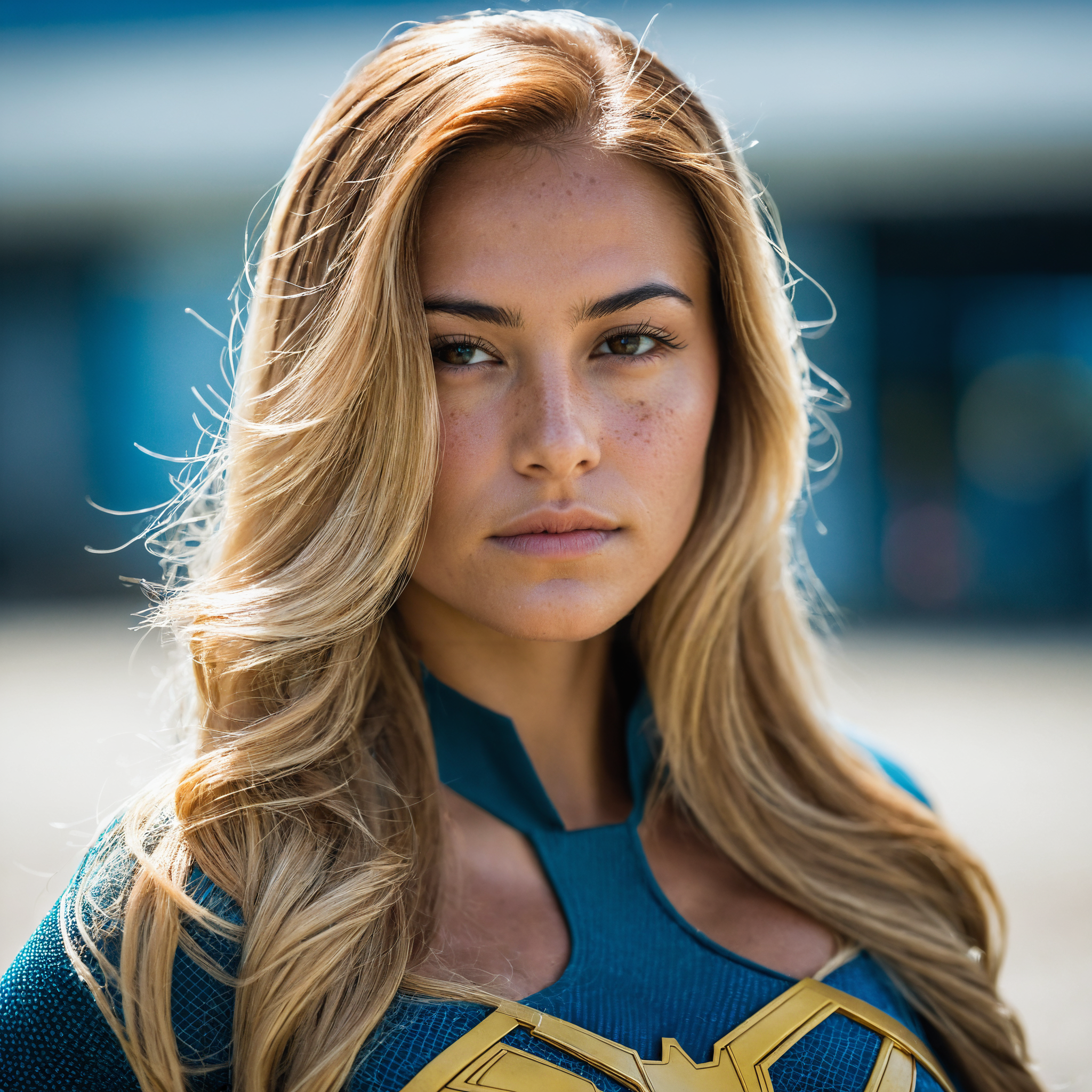 professional portrait photograph of a superhero with (long sandy blonde hair), (wearing a superhero costume:1.2), (looking to the right in an airport:1.2), summer <lora:DetailedEyes_V3:0.8> (pores:0.5) (freckles:0.2) (bokeh:0.2)