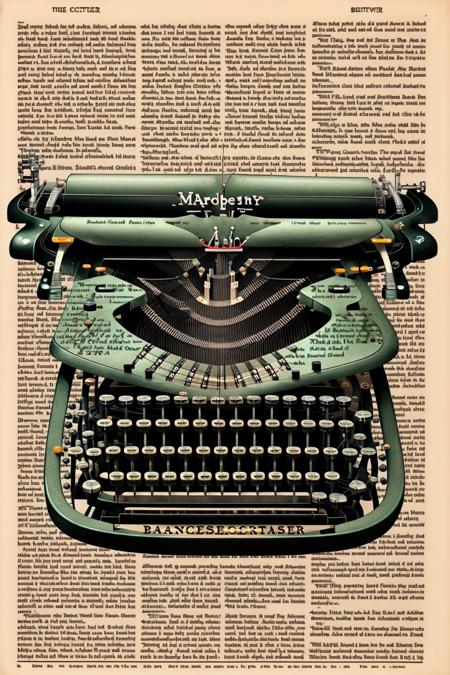 ((a drawing of a typewriter is shown on a page of a book)),  storybook illustration, a storybook illustration, massurrealism ,  dictionary_art