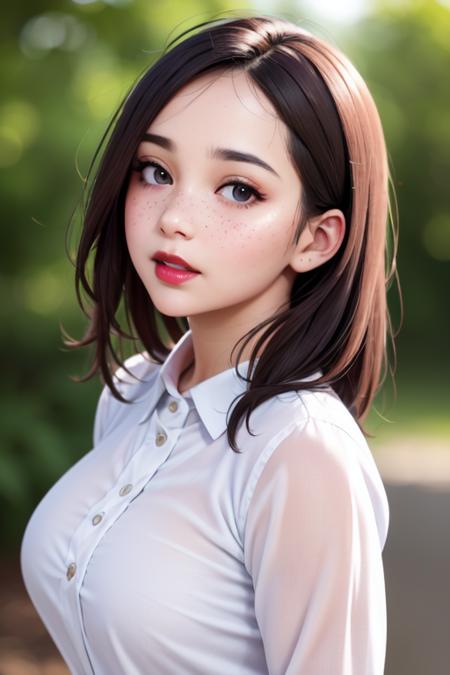 (detailed face, detailed eyes, clear skin, clear eyes), photography, photorealistic, detailed skin, 8k, highly detailed, depth of field, blurry, outdoors, (shiny red lips), (freckles:0.8), woman, mature_female, looking at viewer, depth of field, blurry background, heads together, thick, parted lips, (dirty Acne on forehead:1.2), (long sleeves:1.1),large breasts, flat_nose, do not reak breasts from side