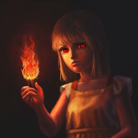 an oil painting, 1girl, bangs, fire, flame, long_hair, looking_at_viewer, red_eyes, shirt, solo