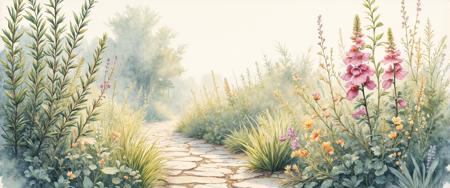 Delicate watercolor impression of a serene apothecary garden at dawn, soft morning mist rising between rows of medicinal herbs. Loose, translucent washes of sage green, lavender, and amber ochre blend seamlessly on rough cotton paper. Ethereal light filters through dew-laden leaves, creating luminous highlights where wet pigment pools and blooms. Expressive brush strokes define rosemary and foxglove silhouettes with bleeding edges and controlled diffusion. Water-activated textures reveal the paper's tooth beneath diluted pigment, giving depth to shadowed areas. Layers of transparent color build a harmonious atmosphere where cool blues dissolve into warm terracotta at the horizon. Masterful wet-on-wet technique creates organic transitions between the garden's weathered stone path and surrounding botanical abundance, pigment granulating naturally in the textured hollows of the paper. <lora:é£æ ¼å-è¶ç°å®:0.2> <lora:aidmaMJ6.1-FLUX-v0.4:0.6> <lora:ç»ªå¿ CGé£æ»¤éFLUX:0.3> <lora:MushyFunk:0.3> <lora:Hyperdetailed_Colored_Pencil:0.4> <lora:flux_dev:1>