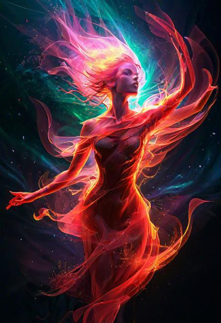 award winning, A woman in a red dress fluttering in the wind and her hair fluttering in the wind, neon contoured , highly detailed face, space atmosphere, energy mood