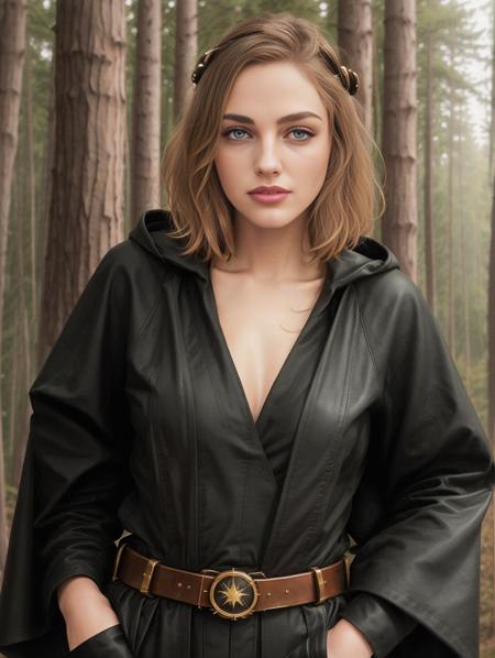 (8k, best quality, masterpiece),(best quality), (ultra highres),action pose, a beautiful woman <lora:Teagan:0.8>, beautiful eyes, detailed iris, short brown hair, full body portrait, small breasts, wearing black jedi robes with gold leather belt, star wars, forest endor background, modelshoot style, intricate, elegant, skin details, realism, (hyperrealism), (cinematic), (hyperdetailed), hdr