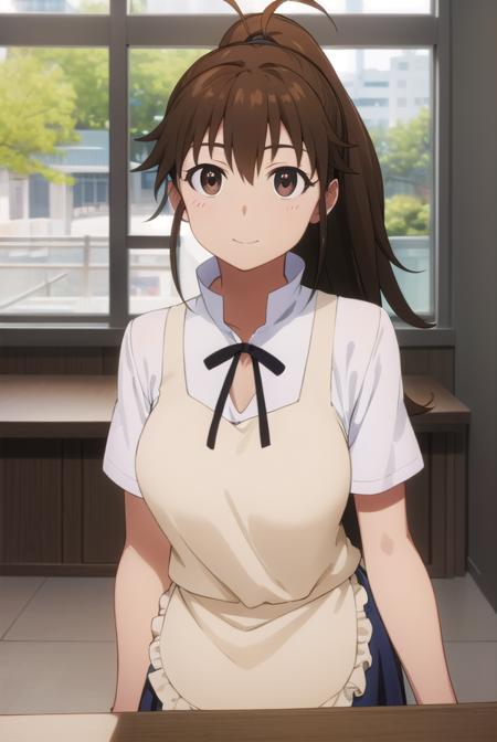 popura taneshima, long hair, brown hair, (brown eyes:1.5), ponytail, ahoge, apron, waitress, short sleeves, skirt, black skirt,