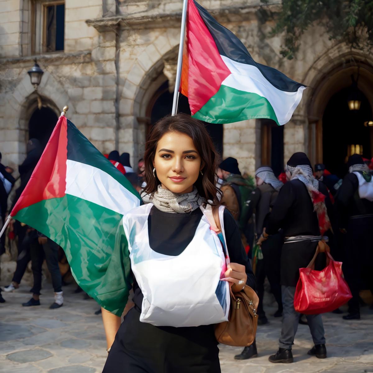 A beautiful young woman holding two Palestine flags while surrounded by others.