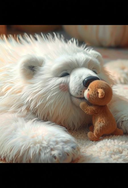 An amorphous, fluffy polar bear lying on the ground, looking completely relaxed and lifeless, receiving a gentle kiss on its cheek from a small, friendly animal or person. The scene is serene and heartwarming, with soft lighting and pastel colors, giving a cozy and peaceful vibe. The polar bear’s fur is soft and messy, almost as if it’s melting into the surroundings. The overall atmosphere is calming and playful.