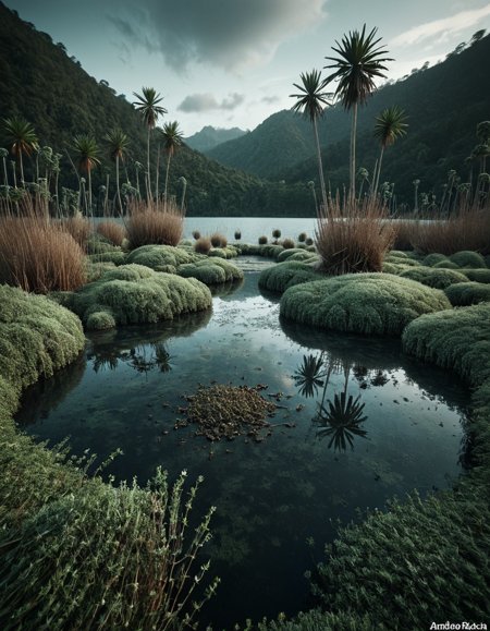 designed by Andreas Rocha, Raphael Lacoste, Conceptual Art, landscape of a Serene Tropical (ral-spicethyme:1.3) and Brutal Frozen pond, reeds, Zany, Kodak Ektar 100, F/1.8, Flickr, award winning, <lora:ral-spicethyme:0.85>, set logical ambient background, romantic, beautiful detailed supreme quality color intricate, highly detailed, dynamic dramatic composition