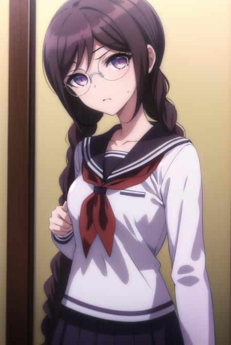 toukofukawa, <lora:touko fukawa s1-lora-nochekaiser:1>,
touko fukawa, long hair, bangs, brown hair, braid, glasses, mole, twin braids, mole under mouth, round eyewear, (brown eyes:1.3),
BREAK skirt, shirt, long sleeves, school uniform, serafuku, sailor collar, neckerchief, black shirt, red neckerchief,
BREAK indoors, classroom,
BREAK looking at viewer, (cowboy shot:1.5),
BREAK <lyco:GoodHands-beta2:1>, (masterpiece:1.2), best quality, high resolution, unity 8k wallpaper, (illustration:0.8), (beautiful detailed eyes:1.6), extremely detailed face, perfect lighting, extremely detailed CG, (perfect hands, perfect anatomy),