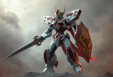 "Exquisitely detailed Damage Mage robot stands poised for battle against a Altar of Mist background, showcasing a predominantly white body adorned with accents of red and gold. The robot's arms and legs are a striking combination of red and gold, with a sword in its right hand and a shield in its left. The image presents a highly detailed and colorful details of a robot, ready for action in 4K, exceptional quality, and vivid emotions. (Trending on Artstation, James Gurney-inspired color balance and lighting)"