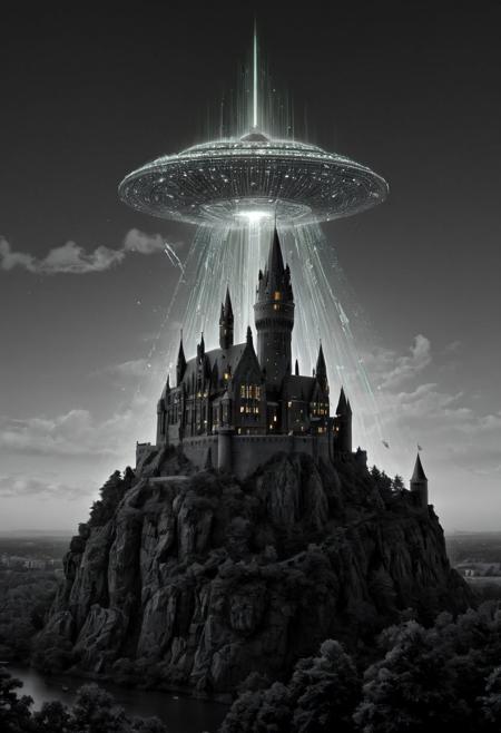 masterpiece,ASCII,8k.absurdes,intricate,maximum resolution,UFO attacking Hogwarts Castle laser beams,
<lora:detailed_notrigger:0.4>,<lora:SDXLFaeTastic2400:0.1>,<lora:zavy-chrmtcblr-sdxl:0.5>,gold becomes bleak,jewelry is no longer valuable,