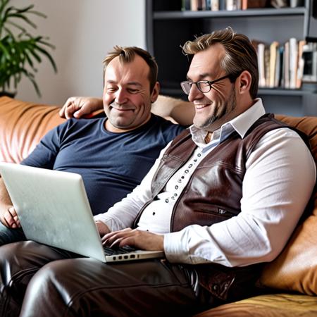 a 32 year old man sitting next to a fat 50 year old man on a sofa, working on a computer, relaxing together, happiness, calm, in a livingroom, leather furniture