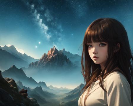 ((master piece)),best quality, illustration, dark, 1girl, In the wilderness, High mountain, Empty space, city, beautiful detailed eyes,  beautiful detailed hair,