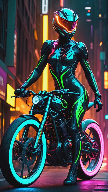 full body shot, huge, Macro, Anthropogenesis, cybertoid on bike, Concept art, bold lines, (fractal:0.1), masterpiece, aesthetic, depth of field, noir, high contrast, colorful, poster, hyper detailed, cinematic lighting, soft shadows, sharp focus, best quality, ISO 100, 16K resolution.