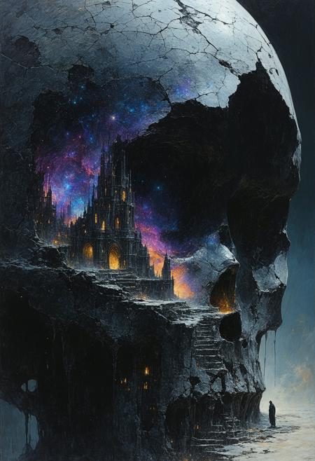 Painterly dark fantasy illustration, style of Brom and Zdzisław Beksiński. Medium close-up: A figure fused from cracked porcelain doll fragments and rusted clockwork gears, hunched posture, gazes intently into a shimmering obsidian orb glowing with internal nebula-like light. Within the orb, a sharp, miniature vision: a sprawling cityscape meticulously constructed from iridescent, shifting beetle wings. Dramatic moonlight casts stark highlights on cracked porcelain and corroded metal, contrasting deep abyssal shadows. Visible, textured brushstrokes. Swirling chromatic dust motes obscure the background. Atmosphere of detached fascination, impossible construction, dreamlike logic.