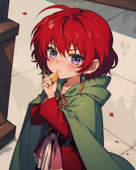 ((masterpiece, best quality:1.3), (highres), Manga, <lora:YONA1:0.75>, faux traditional media, yona1, solo, (from above), upper body, hooded cloak, hood up, hand on own chin, tearing up, :|, raised eyebrows, blush, pout, looking back, looking up, looking at viewer, crossed arms, (chibi:1.2),closed mouth, 2d, <lora:chibi2.0:0.6>, cowboy shot, cute, holding food