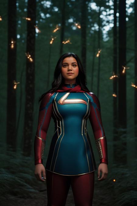 ms marvel at a whimsical forest with trees illuminated by glowing fireflies, full body shot, (glare) <lora:Kamala_Khan_XL:0.8> . 35mm photograph, film, bokeh, professional, shot by cindy lou howe, 4k, highly detailed