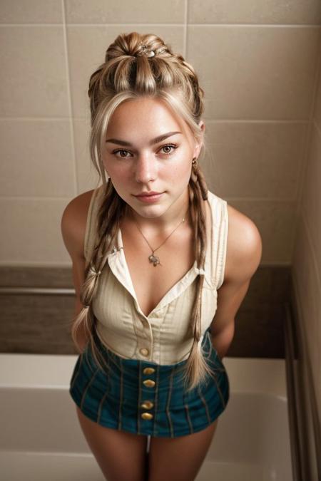 (from above, headshot:1.2) photo of <lora:GeorgiaEllenwood_v1:0.9> GeorgiaEllenwood,
she is wearing  waistcoat
  ,
she is wearing monocle,
her hair is styled as braid-wrapped bun,
BREAK she is (in the bathroom:1.1),
low key lighting,
shot on Rolleiflex
  ,long exposure,
in the style of Kim Keever
